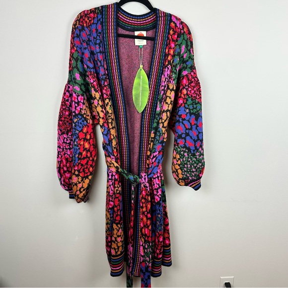 NWT Farm Rio Belted Jacquard-knit Cardigan/Coat In Rainbow Hearts sz XL - Picture 2 of 9
